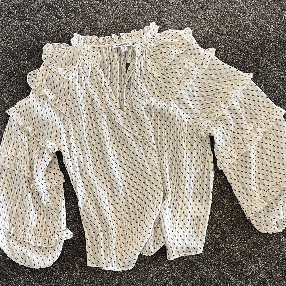Express Cream Ruffled Wrap Blouse with Black Dot Print
